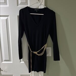 INC International Concepts Black and Gold Long Sleeve Sweater Dress